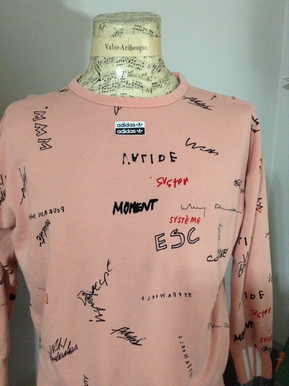 Adidas Originals Allover Print Graffiti Script Pink Crewneck Sweatshirt Size S